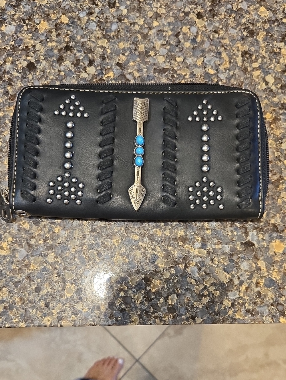 Black Studded Arrow Accent Zip Wallet - Women Bags